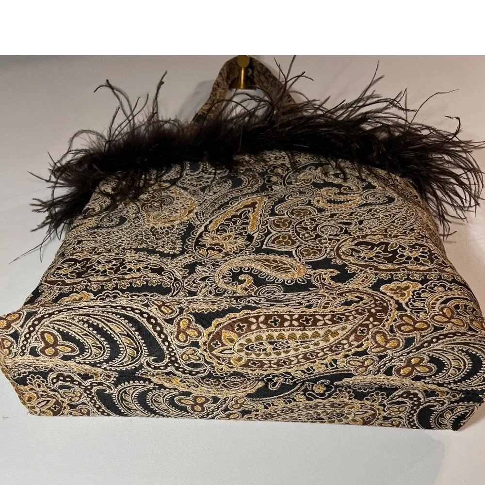 CBK Paisley Feather Tote Bag Brown Gold Tapestry Ostrich Trim Statement Large OS